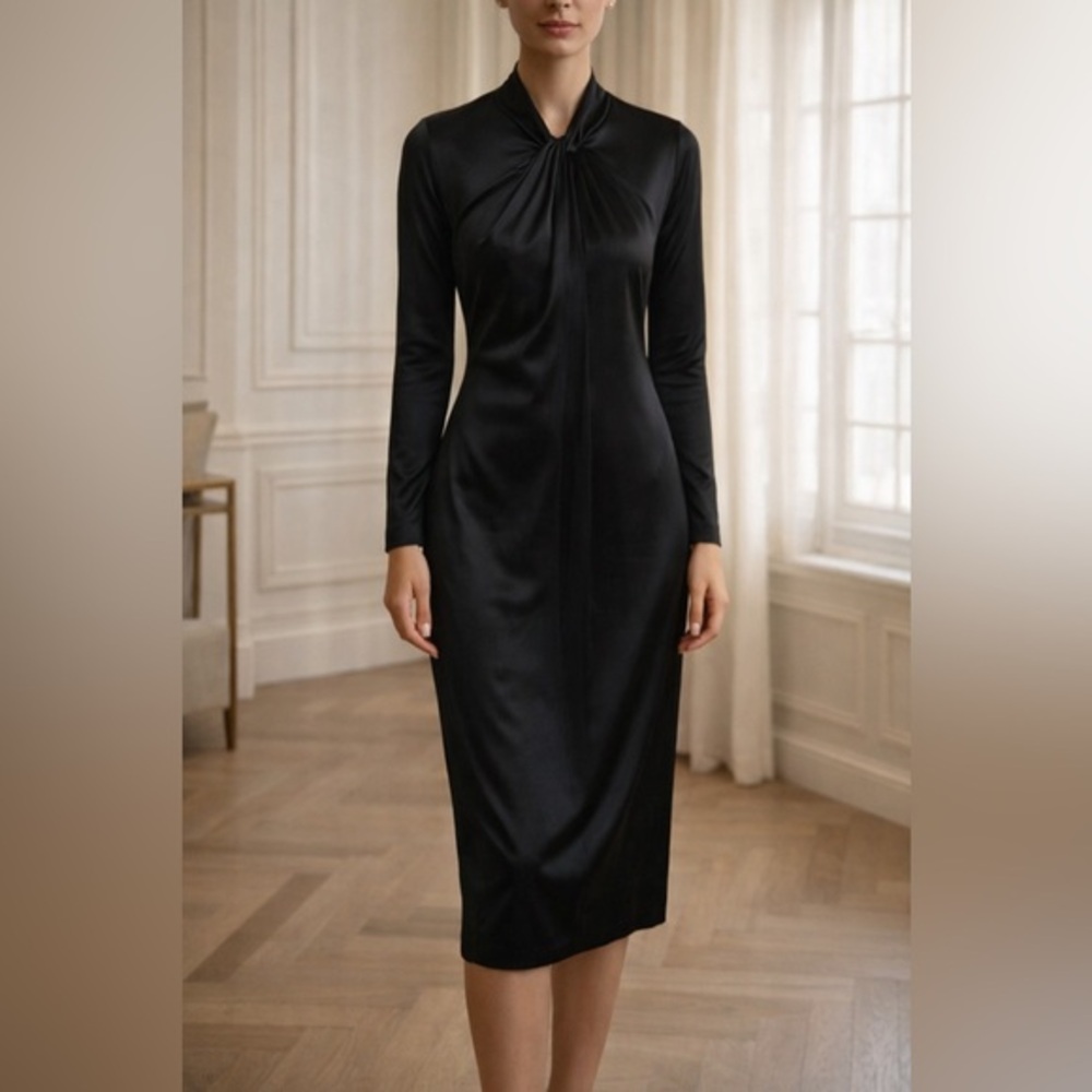 Love Moschino Black Satin Long Sleeve Midi Dress High Neck Twist